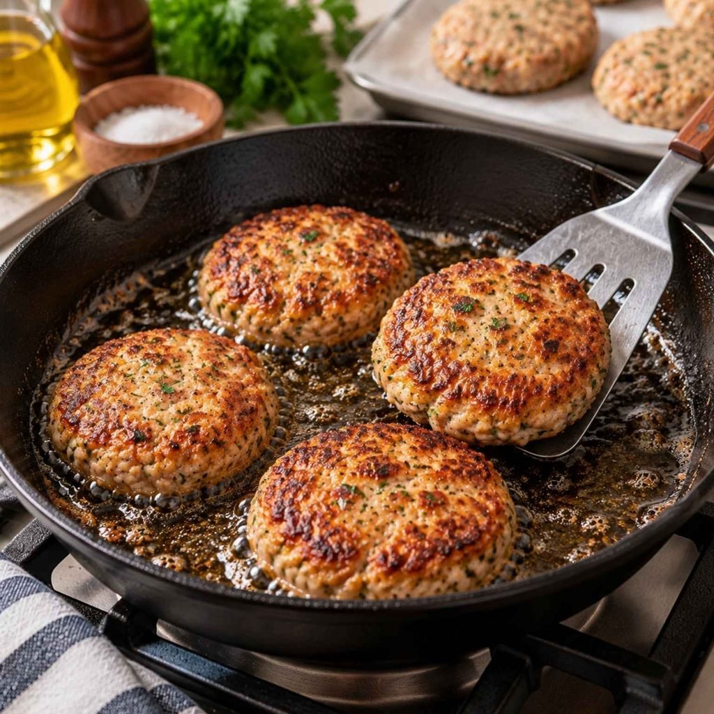 Carefully place the patties in the hot skillet. Cook them for about 4-5 minutes on each side, or until they’re golden brown and cooked through.