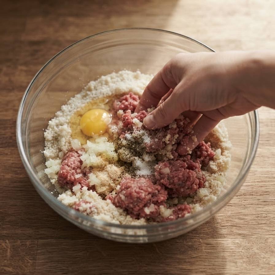 Overworking ground beef compacts the proteins and gives you a dense, springy patty rather than a tender one. The mixture should still look slightly rough rather than smooth and pasty.