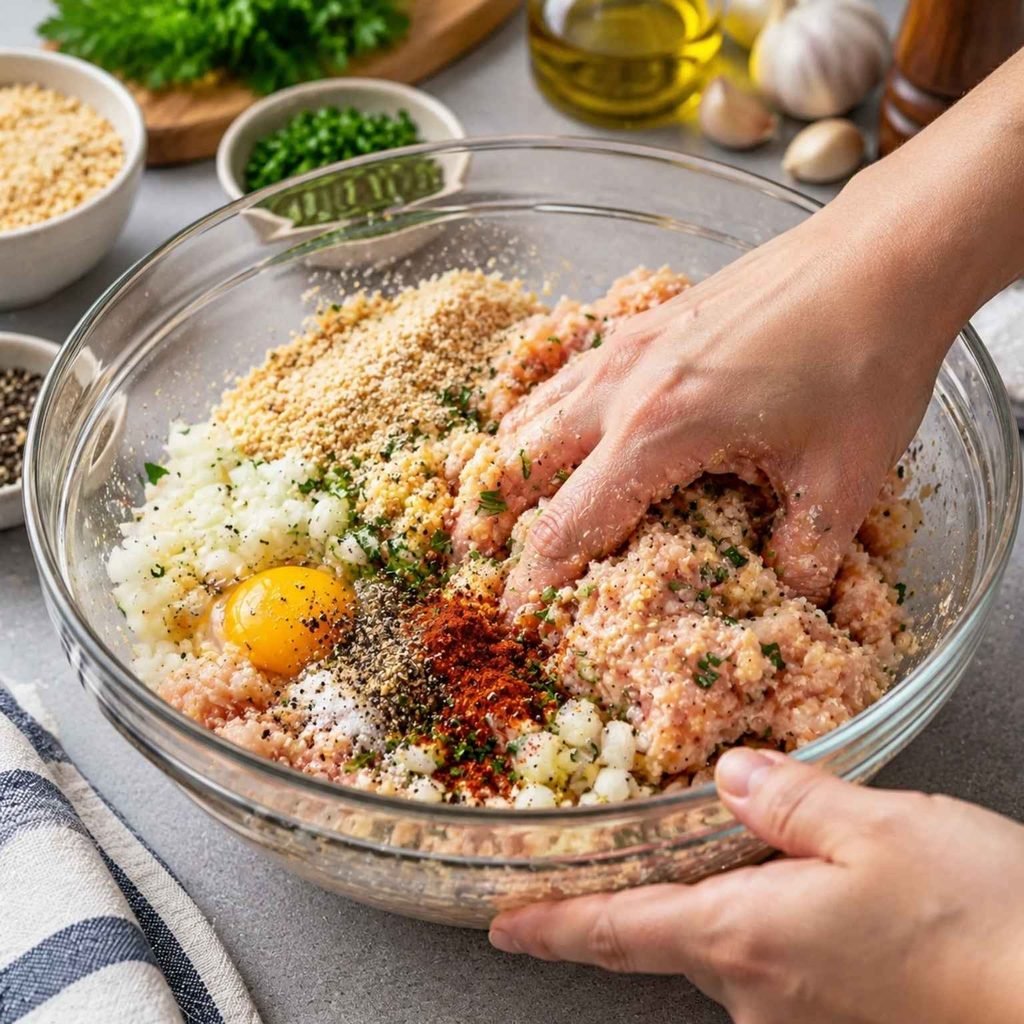 In a large mixing bowl, combine the ground chicken, breadcrumbs, chopped onion, minced garlic, egg, salt, pepper, paprika, and any additional herbs you like.