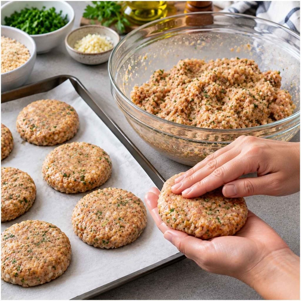 Divide the mixture into equal portions (about 4-6 patties) and shape them into round patties about 1/2 inch thick. Press gently to form them evenly. If the mixture feels too sticky, wet your hands slightly to make shaping easier.