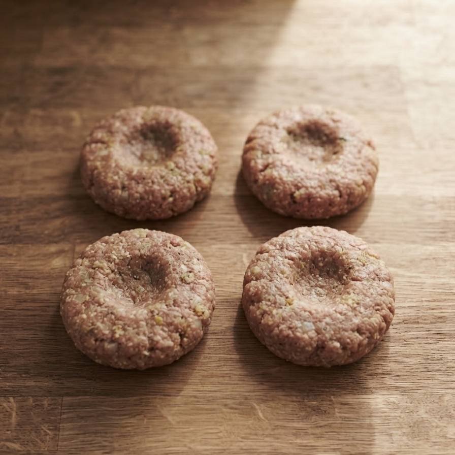 Divide into 4 equal portions and shape each into an oval patty about ¾ inch thick.