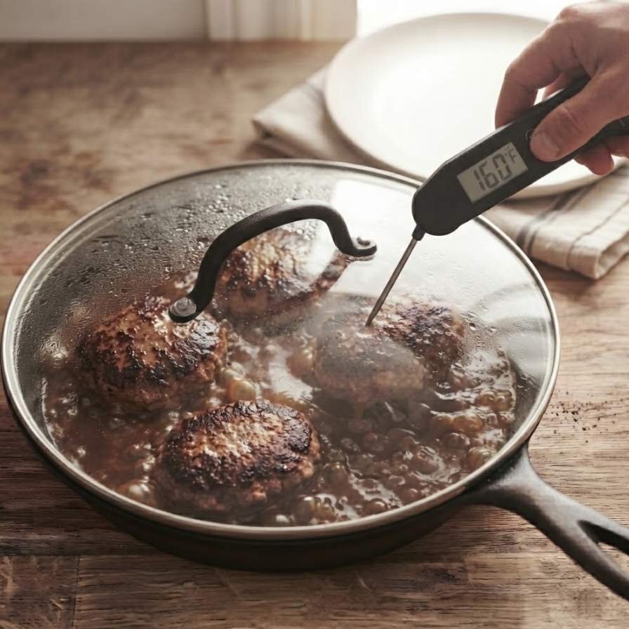 Return the patties to the skillet and nestle them into the gravy. Cover and simmer on low for 8 to 10 minutes.
