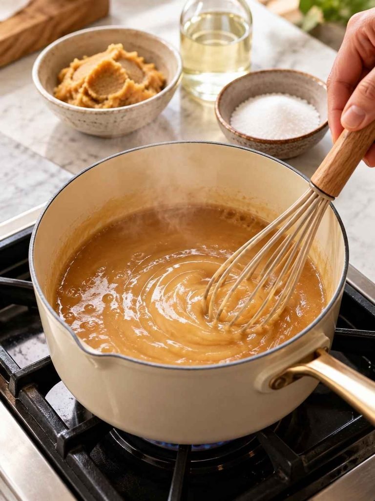 Add the sake and mirin to a small saucepan over medium-high heat. Bring them to a boil and let them bubble for about 20 seconds.