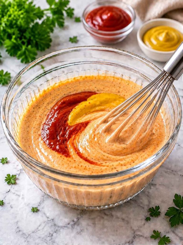 Mustard brings sharpness and also acts as an emulsifier, which helps hold things together as you add liquids. Ketchup contributes sweetness, a little acid, and most of the color.