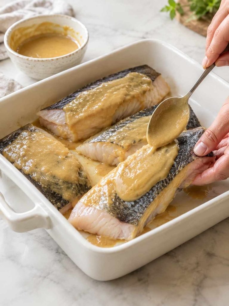Place the fish in a shallow non-reactive dish or a zip-top bag. Pour the cooled miso marinade over the fillets and turn them gently so every surface is coated.