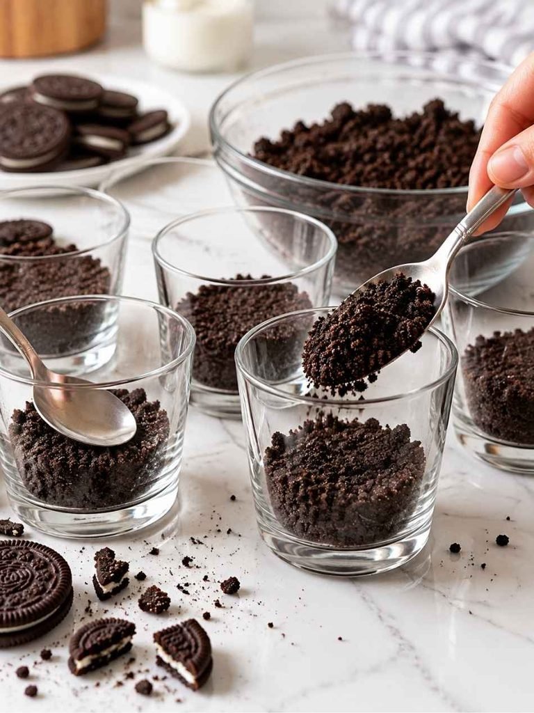 Add melted butter to the crushed Oreos and mix until the crumbs look slightly moist and resemble wet sand.