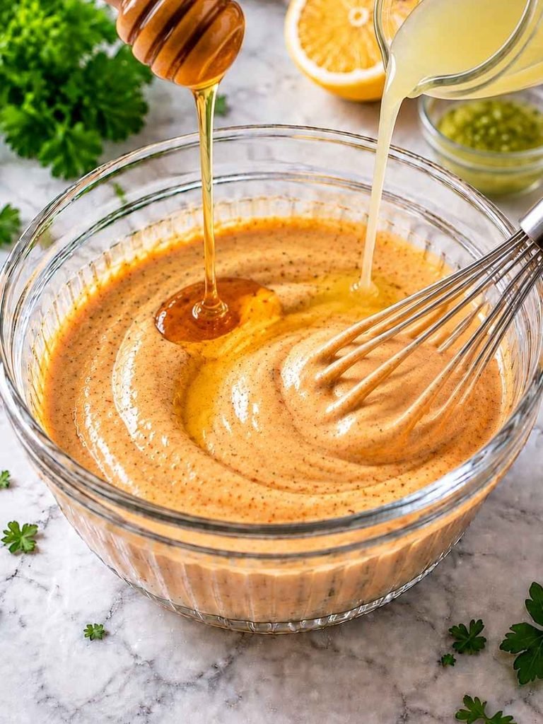 Add the honey, lemon juice, and pickle juice if using. Whisk for another 15 seconds.