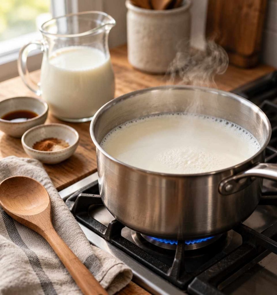 Heat the milk in a saucepan over medium-low heat until it becomes warm and slightly steaming.