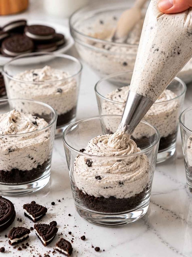 Spoon or pipe the Oreo cream filling over the prepared cookie crust in each cup.
