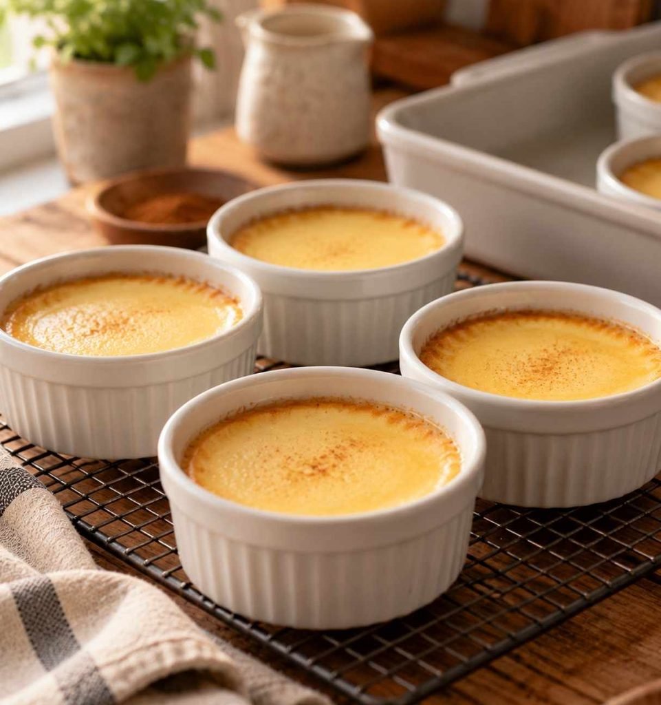 Remove the ramekins from the water bath and let them cool at room temperature for 15–20 minutes.