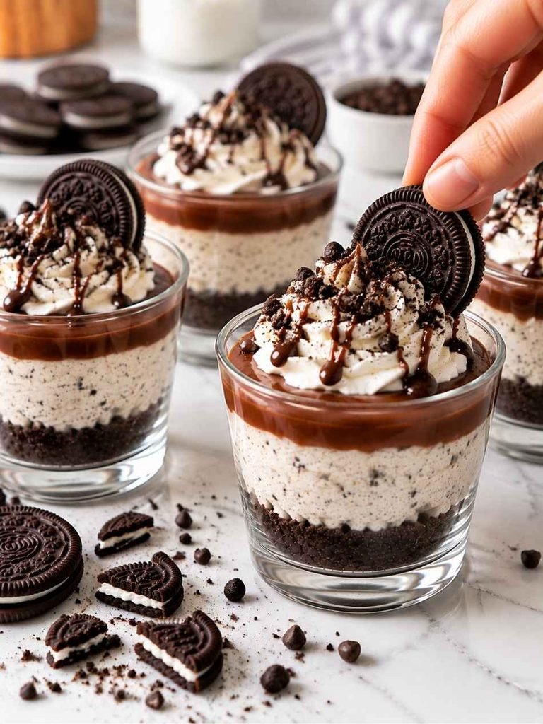 Finish each cup with a whole Oreo cookie, Oreo crumbs, mini chocolate chips, or a drizzle of melted chocolate.