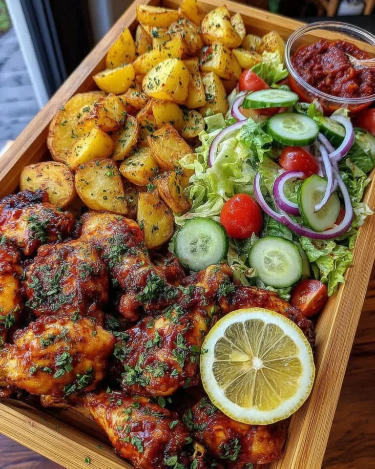 Sticky BBQ Chicken Drumsticks with Garlic Roasted Potatoes & Fresh Garden Salad