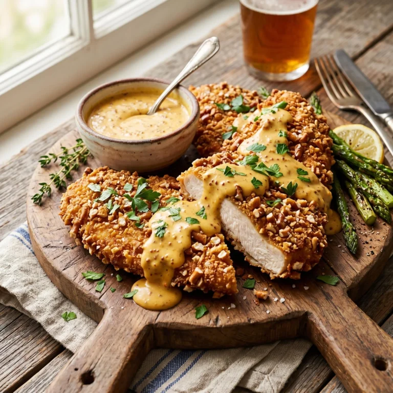 Pretzel Crusted Chicken with Cheddar Mustard Sauce Recipe: Crispy, Savory, and Easy to Make
