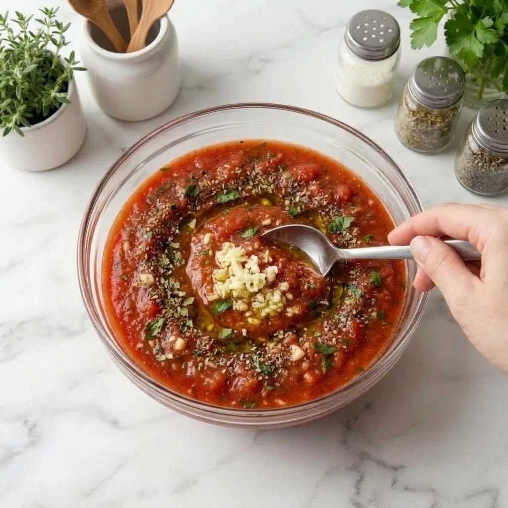 Finely mince the fresh garlic and add it to the tomato mixture along with extra virgin olive oil. Stir well to distribute the garlic flavor throughout the sauce.