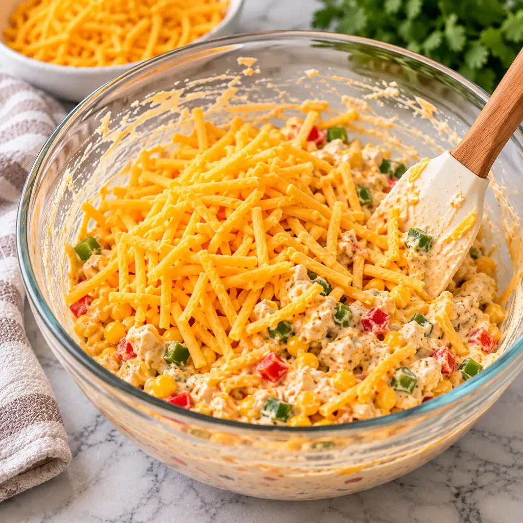 Fold in 1 cup of the grated cheddar. Keep the remaining ½ cup for the top.
