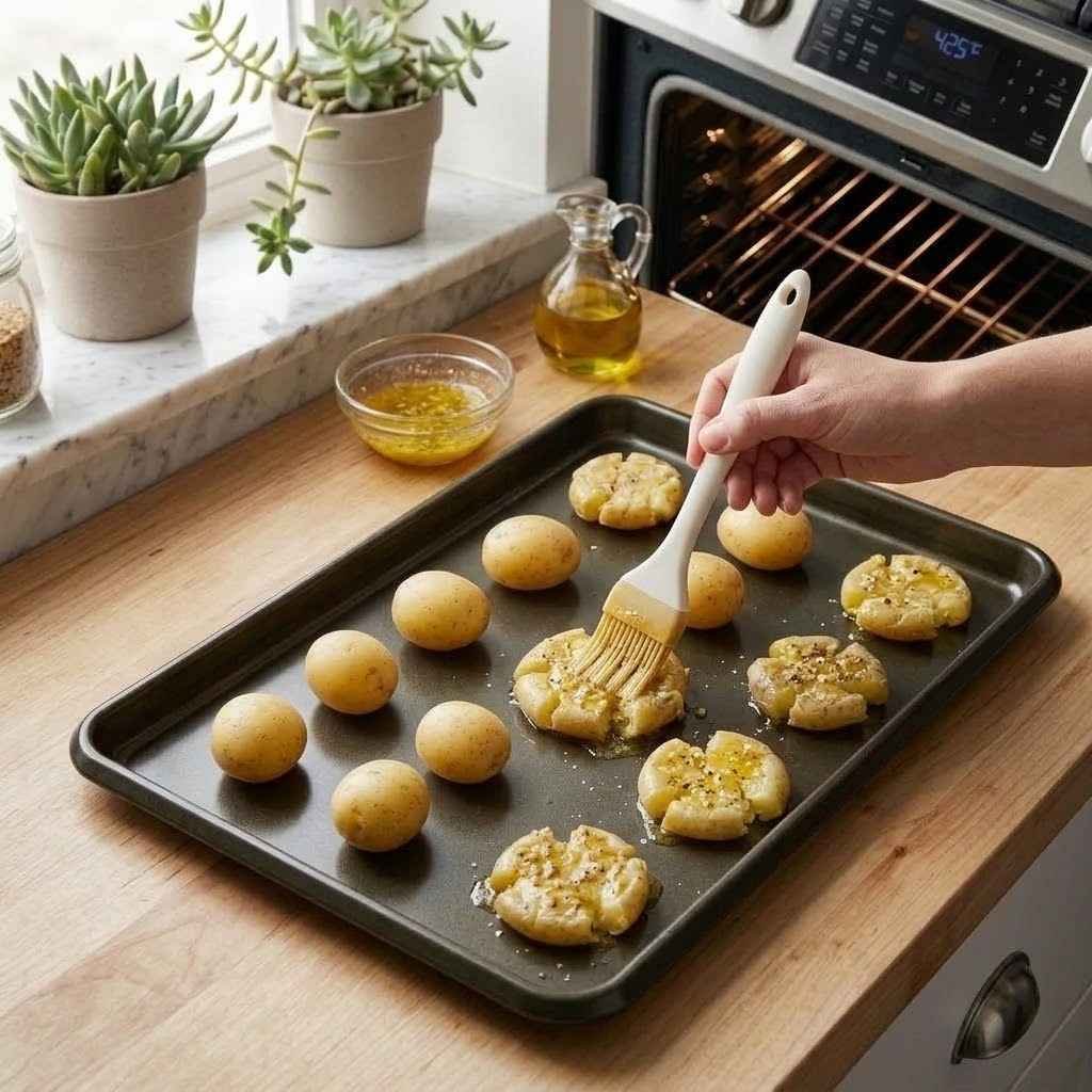 Mix melted butter, olive oil, minced garlic, salt, and black pepper in a small bowl. Brush the mixture generously over each smashed potato, making sure the seasoning reaches the crispy edges.
