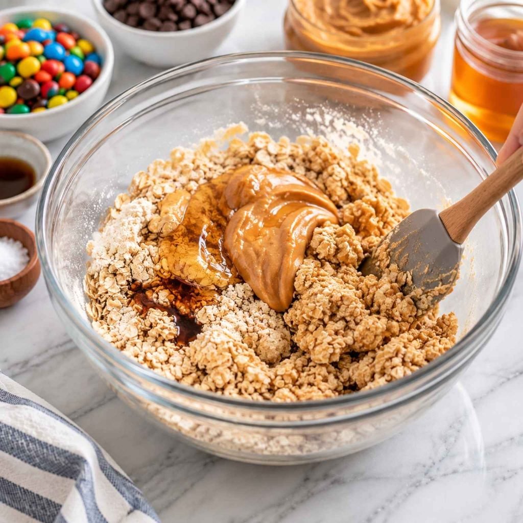 Add peanut butter, honey or maple syrup, and vanilla extract to the bowl. Mix well until the ingredients start coming together into a thick, sticky mixture.