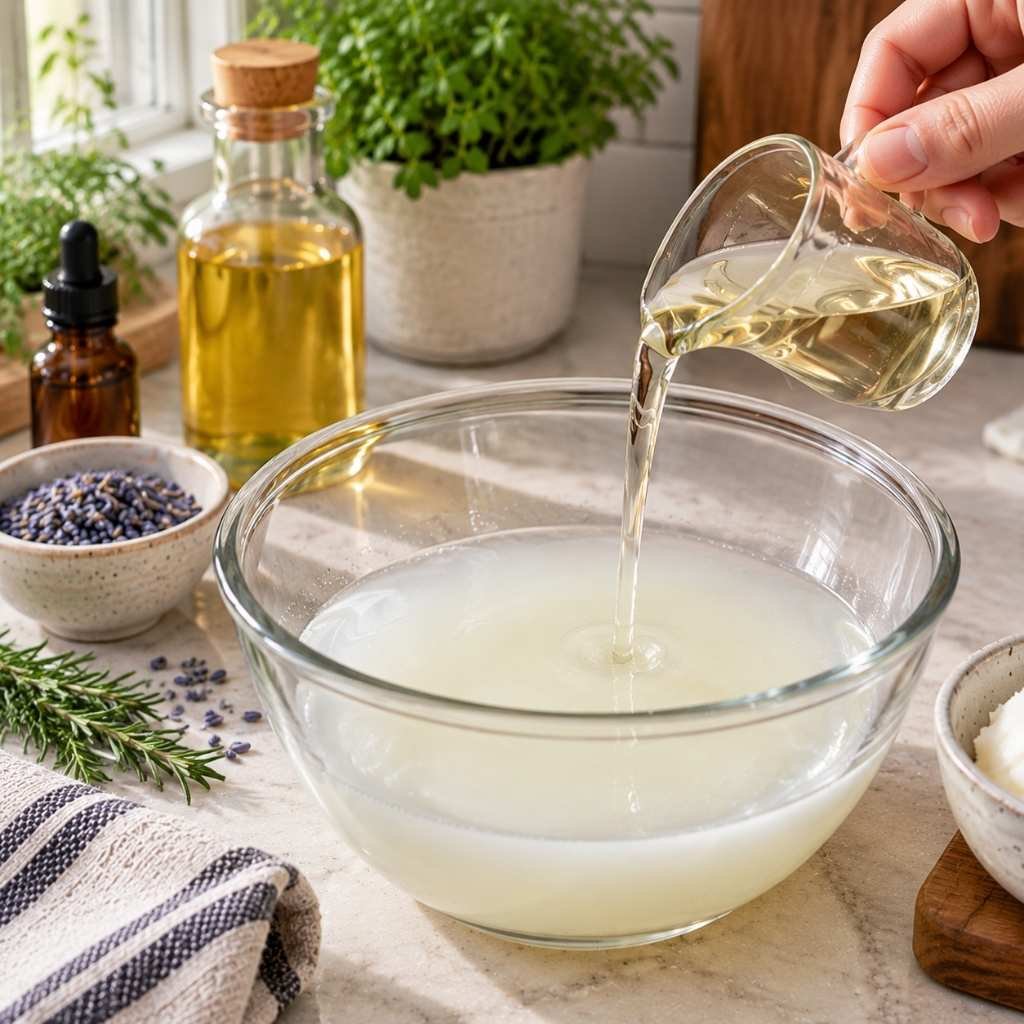 Remove the melted tallow from heat and allow it to cool slightly. Add jojoba oil or your preferred carrier oil and mix well until fully combined.