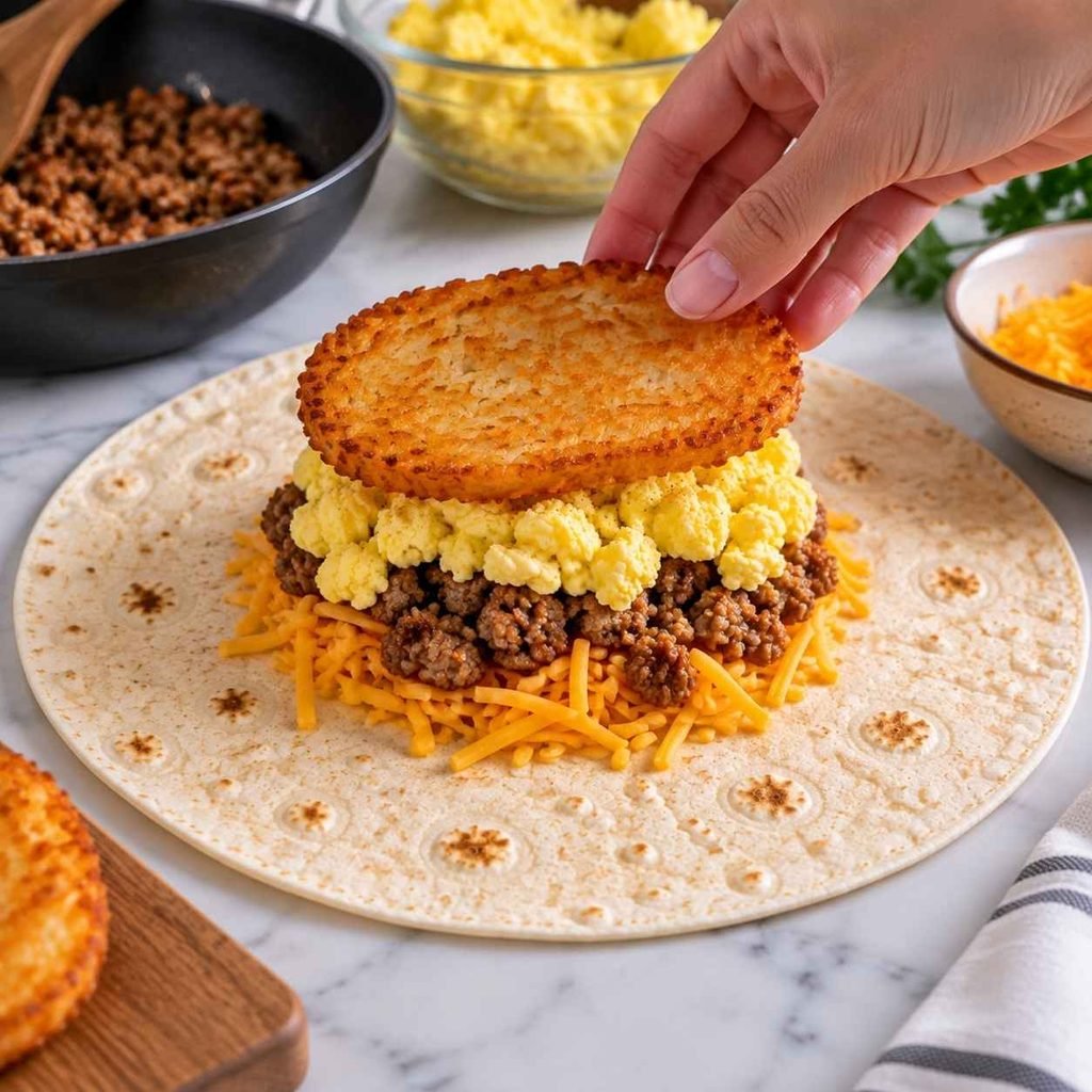 Step 4: Add the Crunch Place a crispy hash brown patty directly on top of the eggs. If you are using a crispy corn tostada shell for extra crunch, place that down first, then the hash brown.