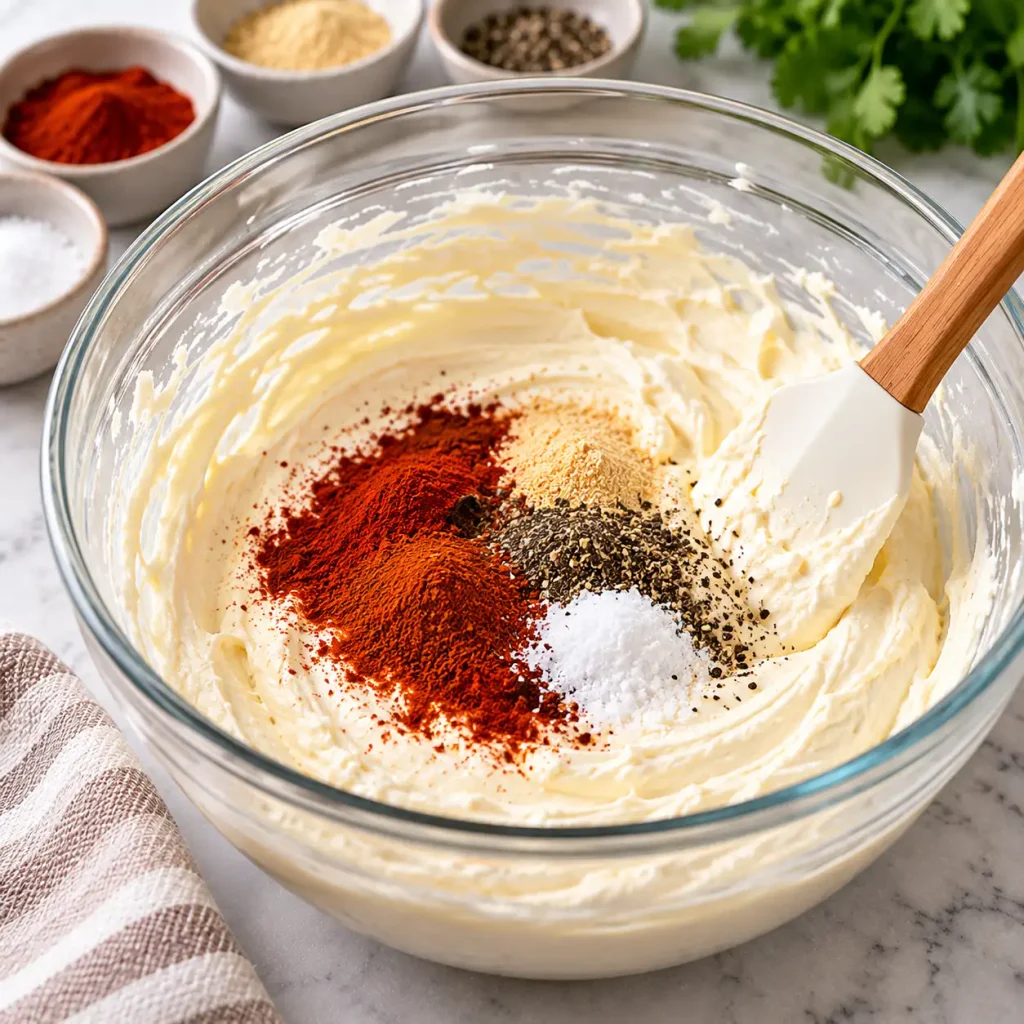 Add the garlic powder, chili powder, smoked paprika, salt, and black pepper. Stir until the color is even throughout with no streaks.