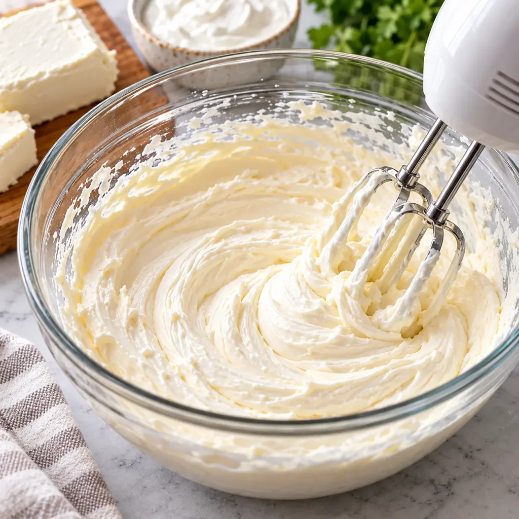 Combine the softened cream cheese and sour cream in a large bowl