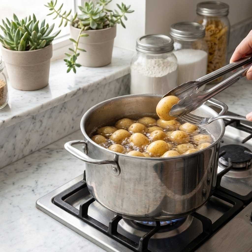 Place the baby potatoes in a large pot and cover them with cold salted water. Bring the water to a boil and cook for 15 to 20 minutes until the potatoes are fork-tender but still hold their shape.