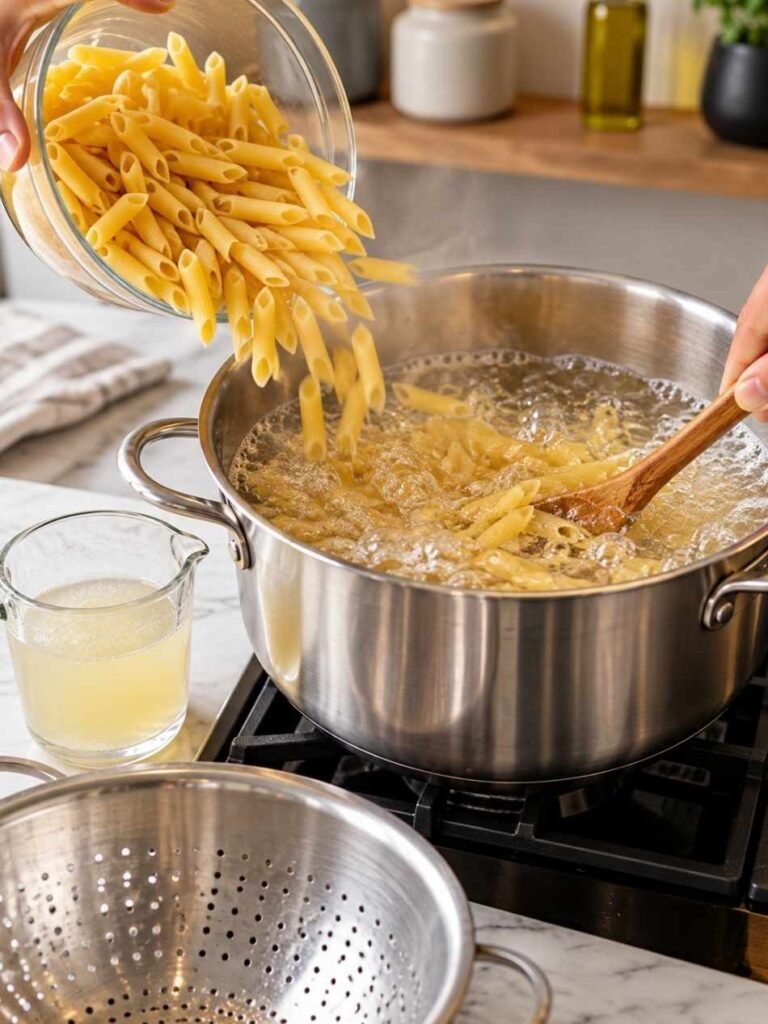 Bring a large pot of well-salted water to a boil. Add the penne and cook according to the package directions until al dente, meaning the pasta is tender but still has a slight bite.