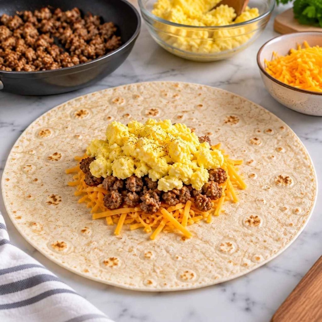 Step 3: Build the Base Lay a warm, large tortilla flat on a clean surface. In the very center, add a small handful of shredded cheddar cheese. Top the cheese with a portion of the cooked sausage, followed by the soft scrambled eggs.