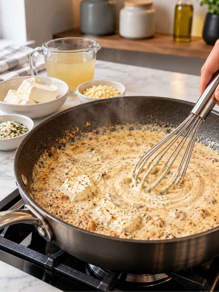Reduce the skillet heat to medium-low. Add the minced garlic and cook for about 1 minute, just until fragrant.