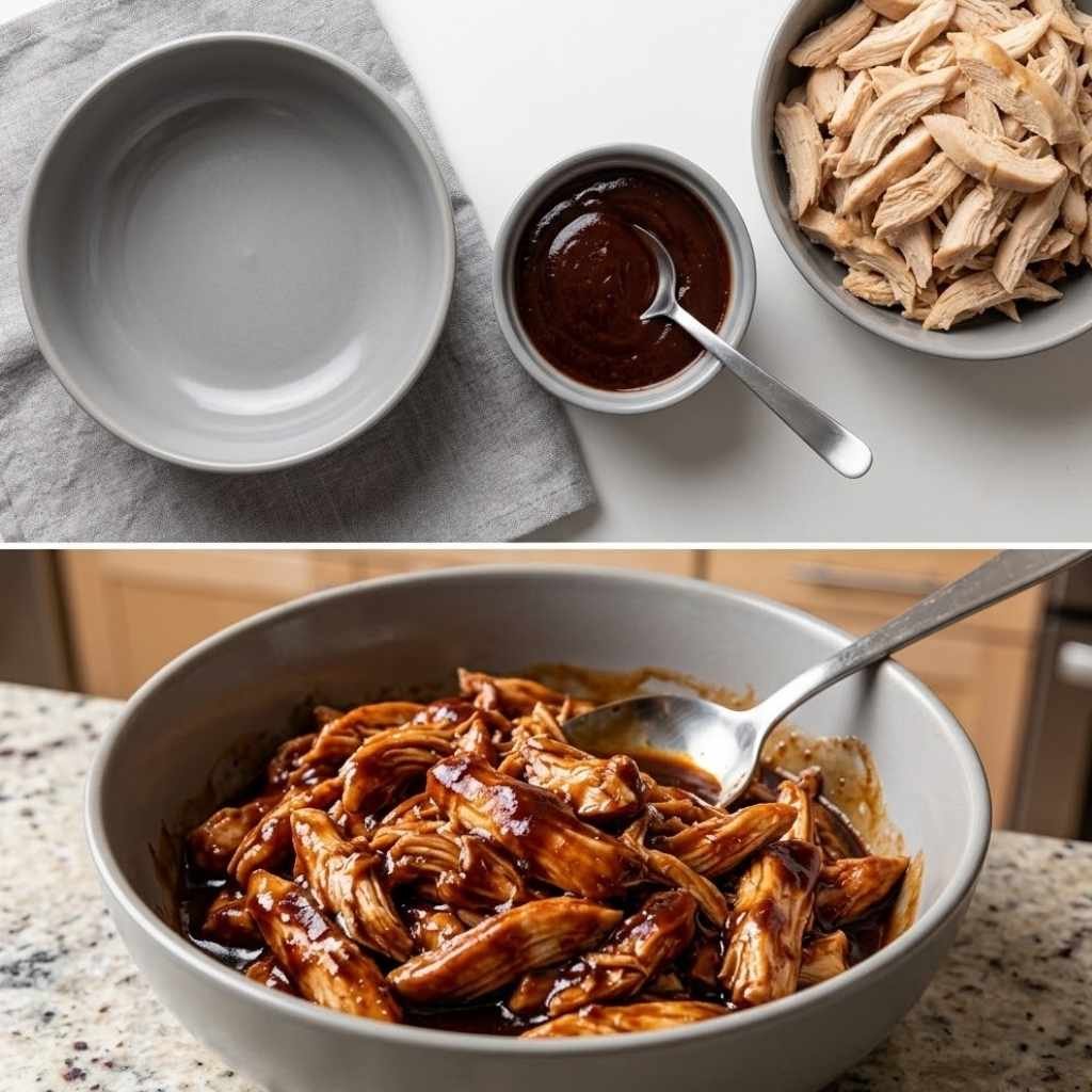 Add the cooked chicken to a bowl and mix it with ¼ cup BBQ sauce until every piece is evenly coated.