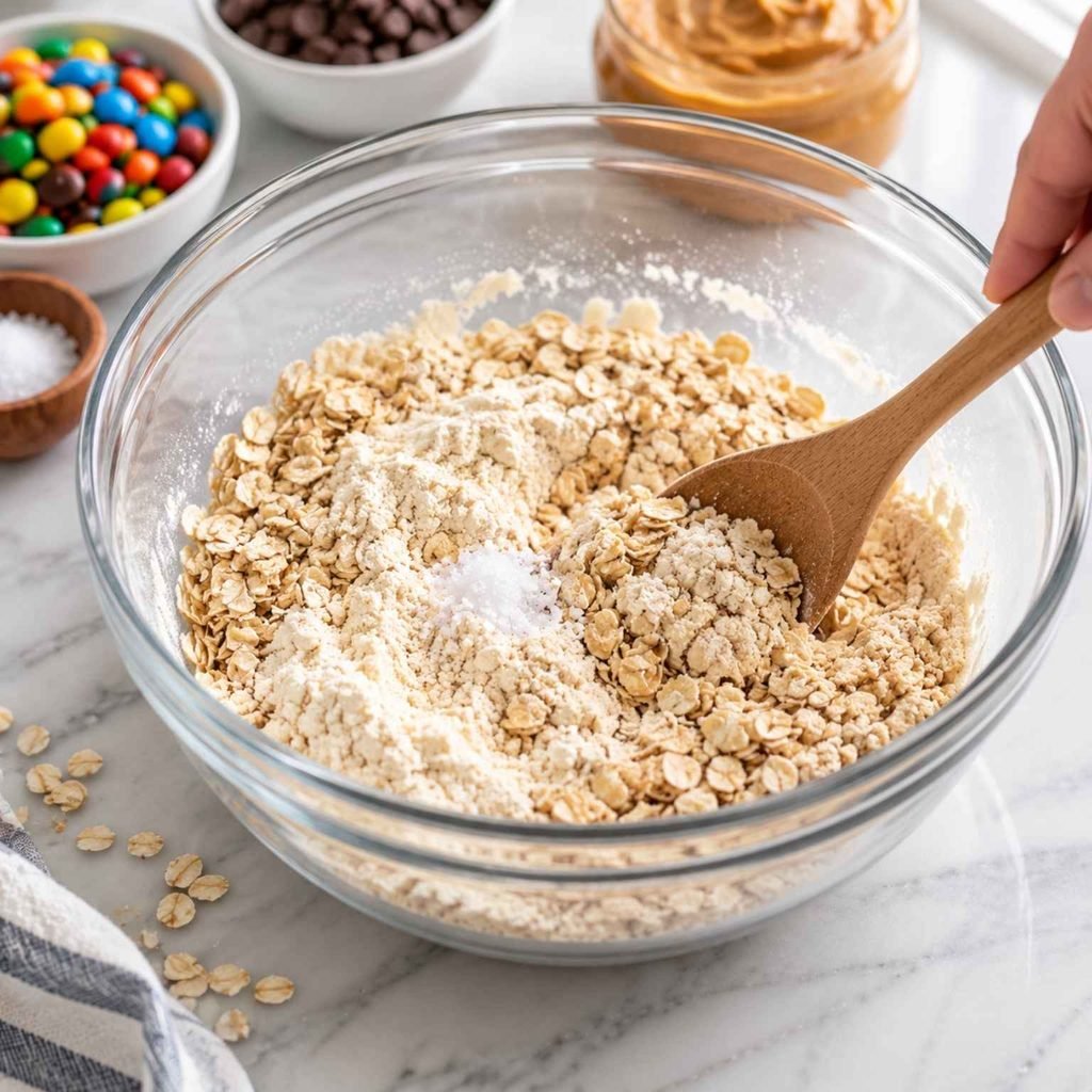 In a large mixing bowl, add rolled oats, protein powder, and a pinch of salt. Stir everything together first to make sure the ingredients are evenly distributed.