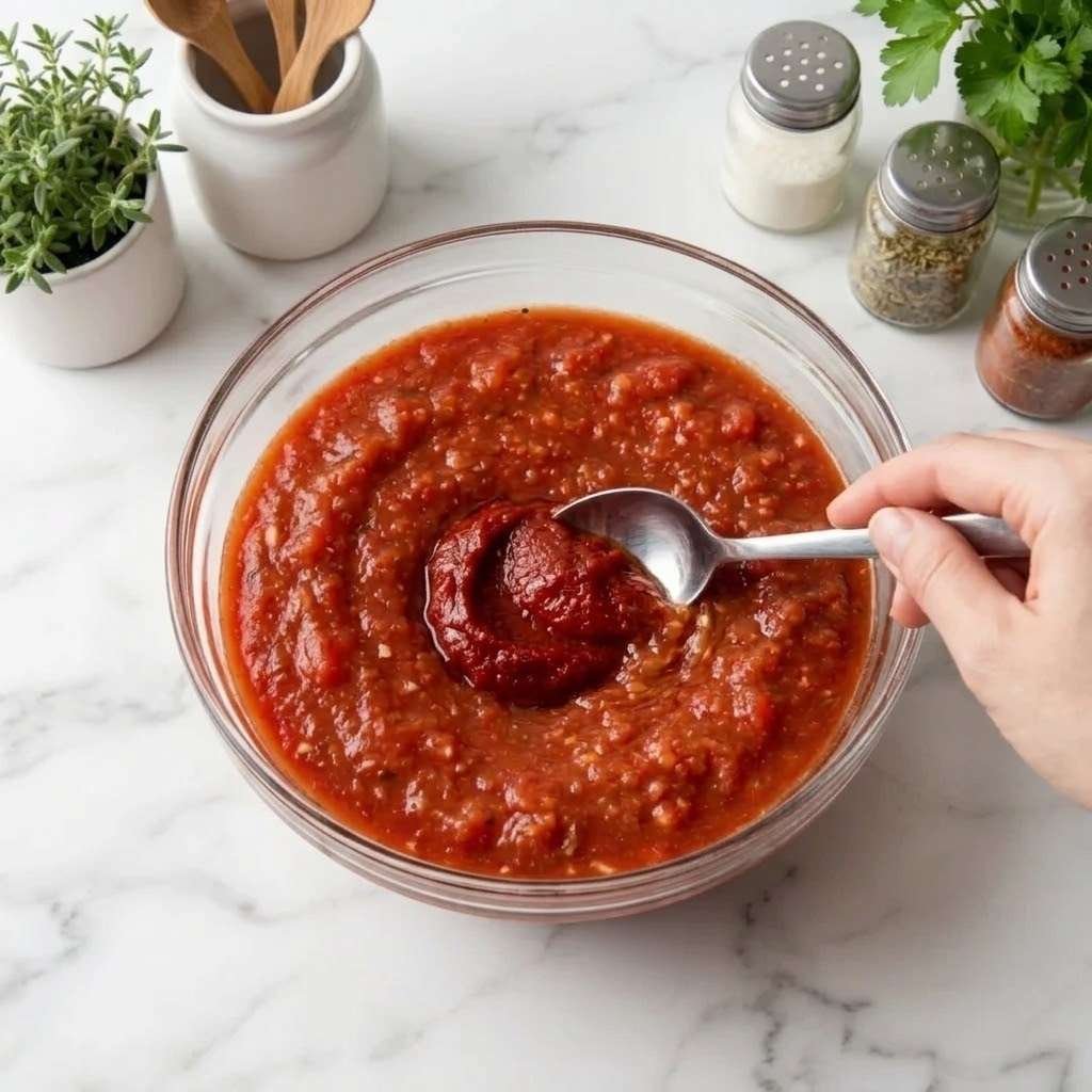 Add the crushed tomatoes and tomato paste to a medium mixing bowl. Stir them together until the tomato paste blends completely into the sauce.