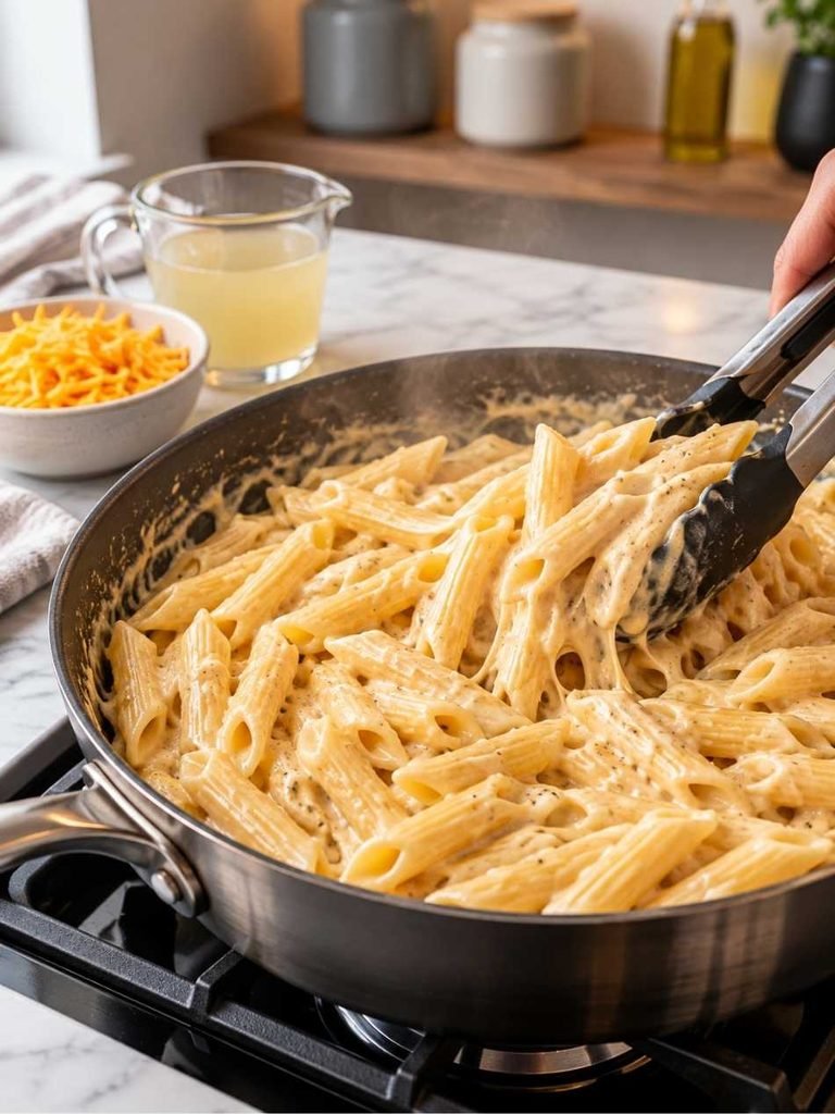 Remove the skillet from the heat before adding the freshly shredded cheddar. Stir until the cheese melts completely into the sauce.