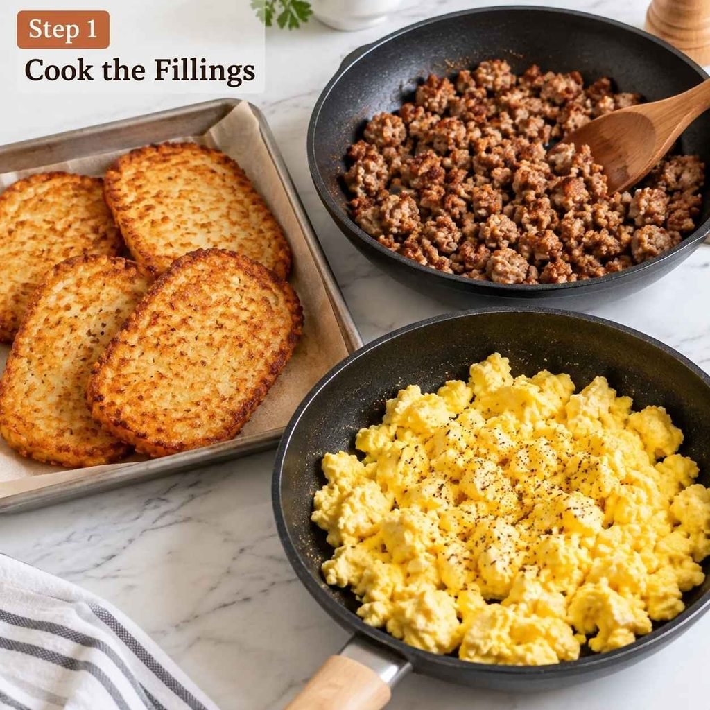 Step 1: Cook the Fillings Bake or air-fry your hash brown patties according to the package directions until they are deeply golden and crispy.