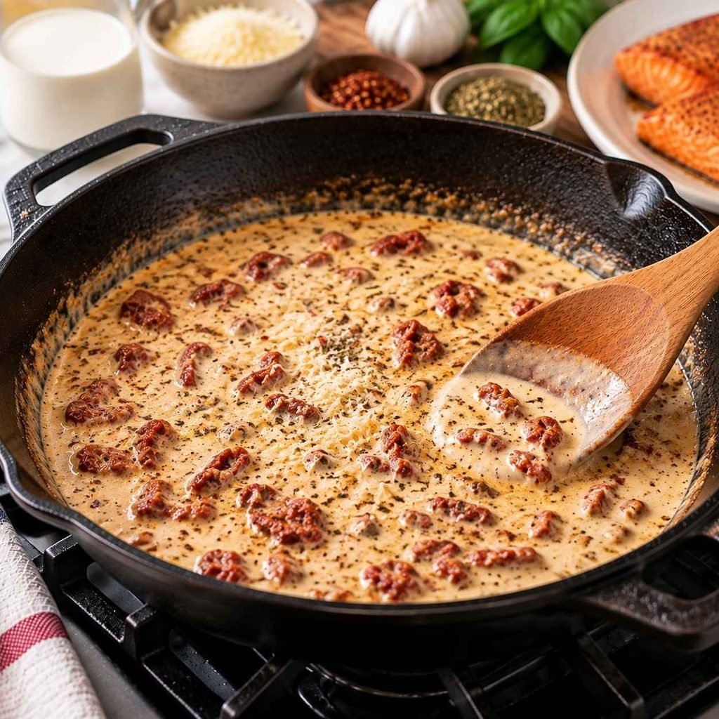 Create the Cream Sauce Reduce the heat to low. Stir in the heavy cream, grated Parmesan cheese, Italian seasoning, and red pepper flakes.