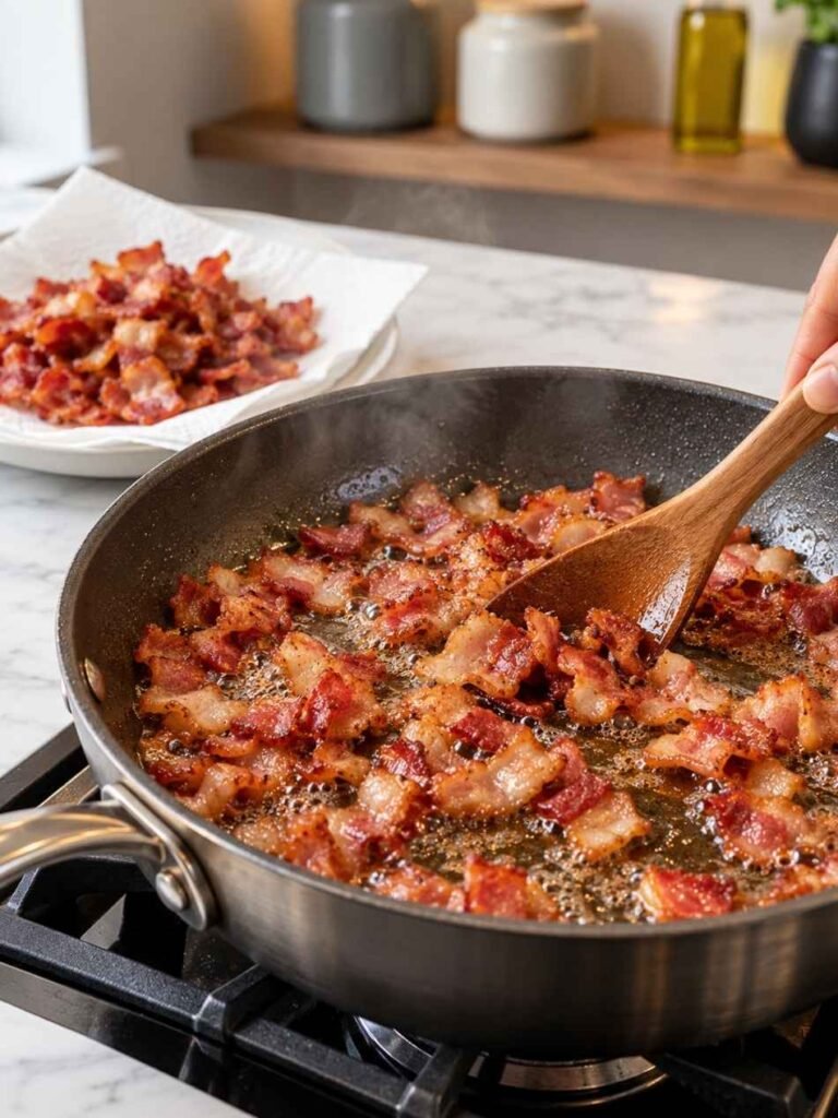 Place the chopped bacon in a large skillet while the pan is still cold. Turn the heat to medium and cook for about 8–10 minutes, stirring occasionally, until the bacon is crisp and the fat has rendered.