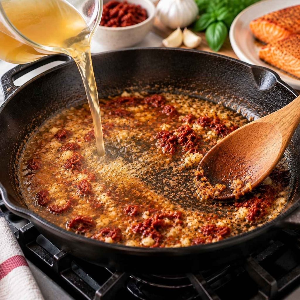Deglaze and Simmer Pour in the chicken broth to deglaze the pan. Use a wooden spoon to scrape up all the delicious browned bits from the bottom of the skillet. Let the broth simmer and reduce by half (about 2 minutes).