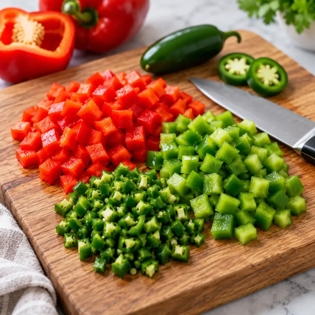 Finely dice the bell pepper and jalapeño, aiming for pieces about a quarter inch.