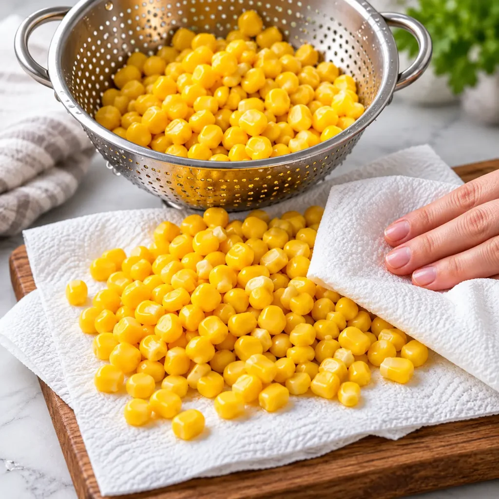 Drain the canned corn in a colander, then tip it onto a few layers of paper towel and pat it dry.