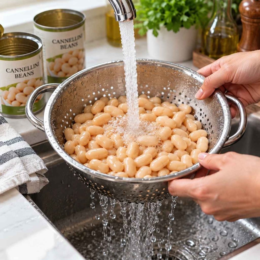 Prep the Beans Open the cans of beans, pour them into a colander, and rinse them thoroughly under cold water.