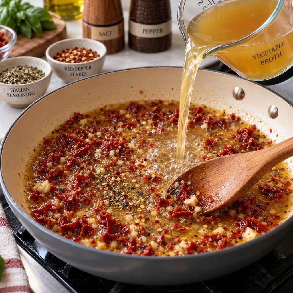 Pour in the vegetable broth to deglaze the skillet. Use a wooden spoon to gently scrape up any flavorful bits from the bottom of the pan.