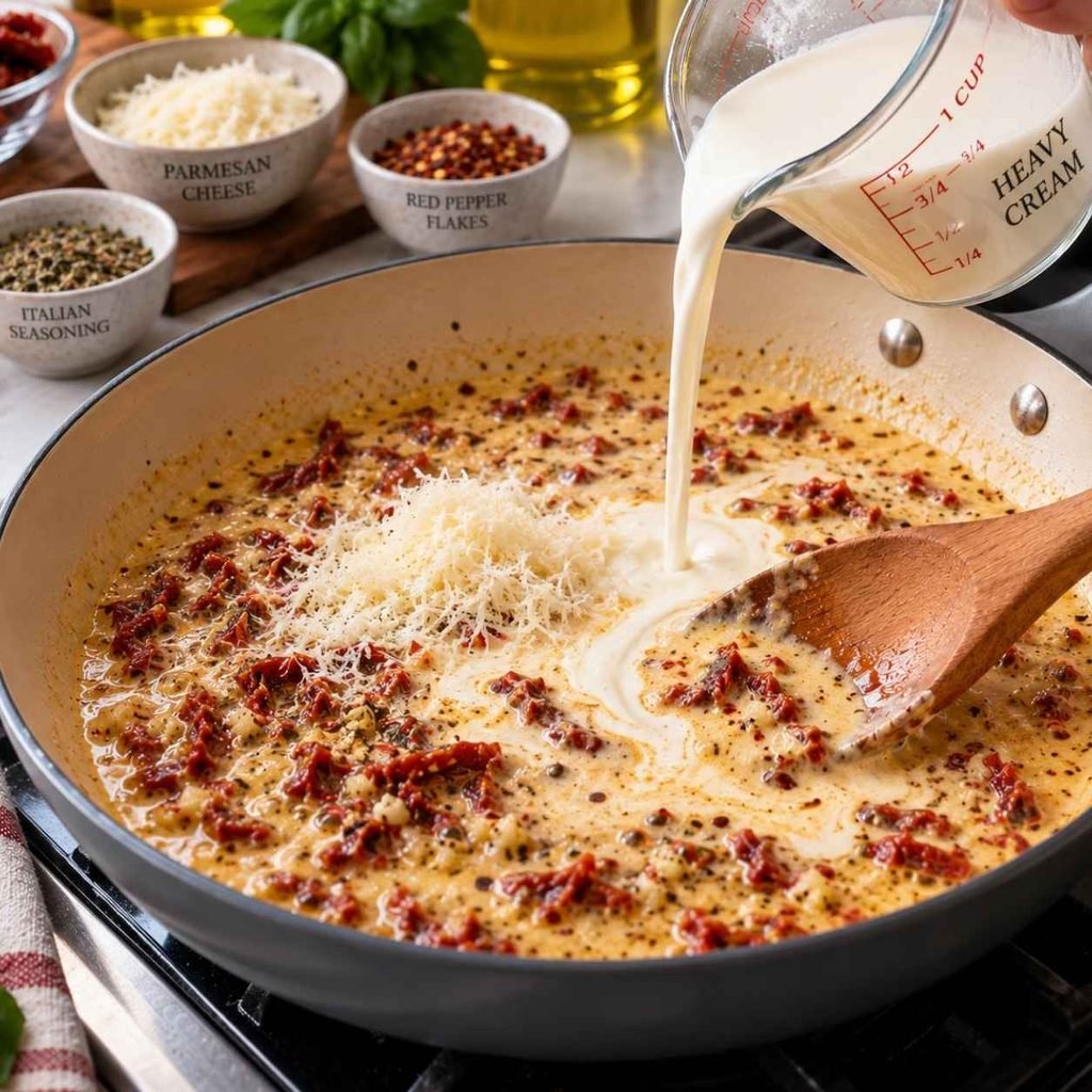 Create the Cream Sauce Reduce the heat to low. Slowly stir in the heavy cream and the freshly grated Parmesan cheese.