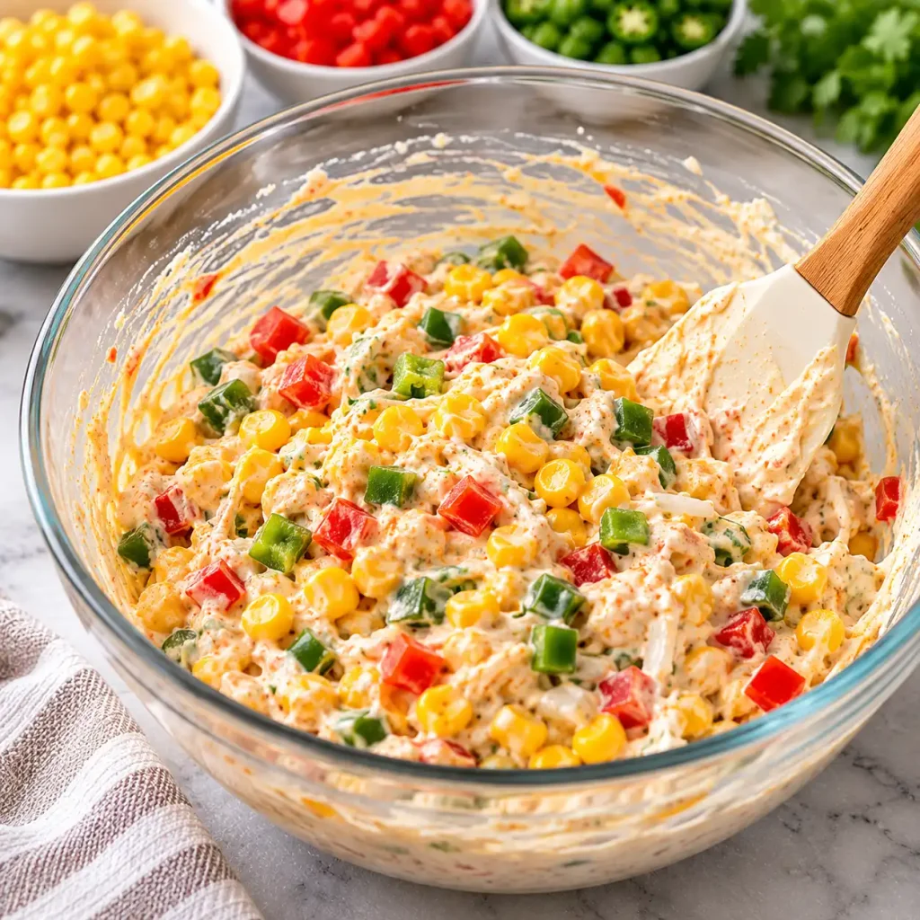 Add the dried corn, diced bell pepper, and jalapeño. Fold gently until everything is coated.