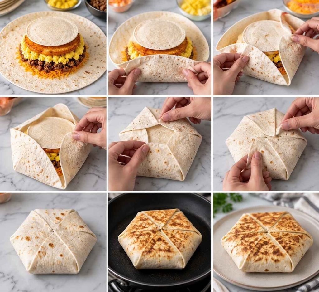 Step 5: Fold the Hexagon Place one of your small fajita-sized tortillas directly over the hash brown (this acts as a "patch" to keep the fillings from spilling out).