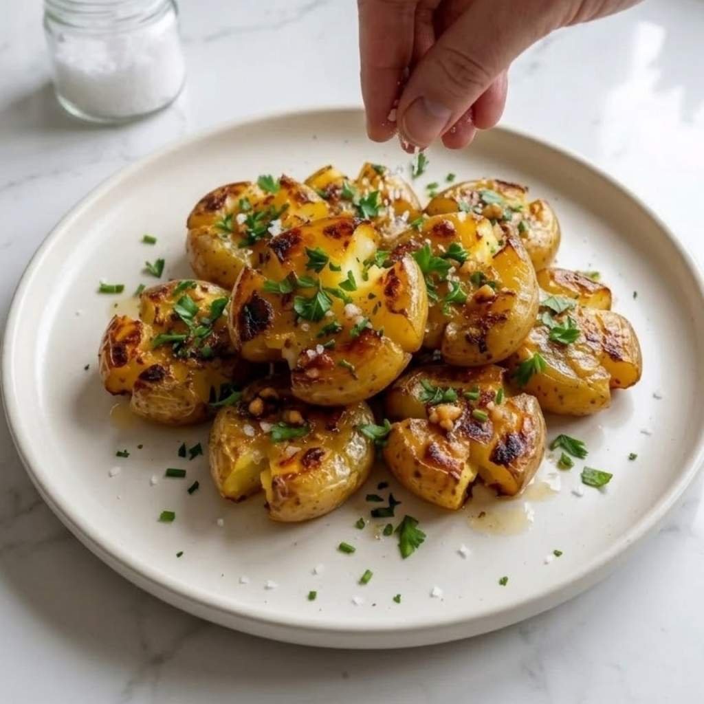 Remove the potatoes from the oven and finish with flaky sea salt, fresh parsley, or chopped chives. Serve immediately while they are warm and crispy.