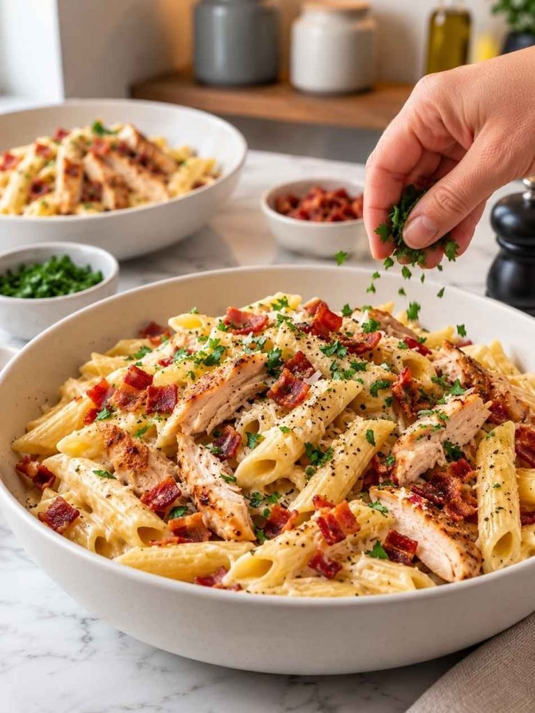 Finish with freshly chopped parsley and another light crack of black pepper. Serve immediately while the sauce is warm, creamy, and the cheese is still beautifully melted.