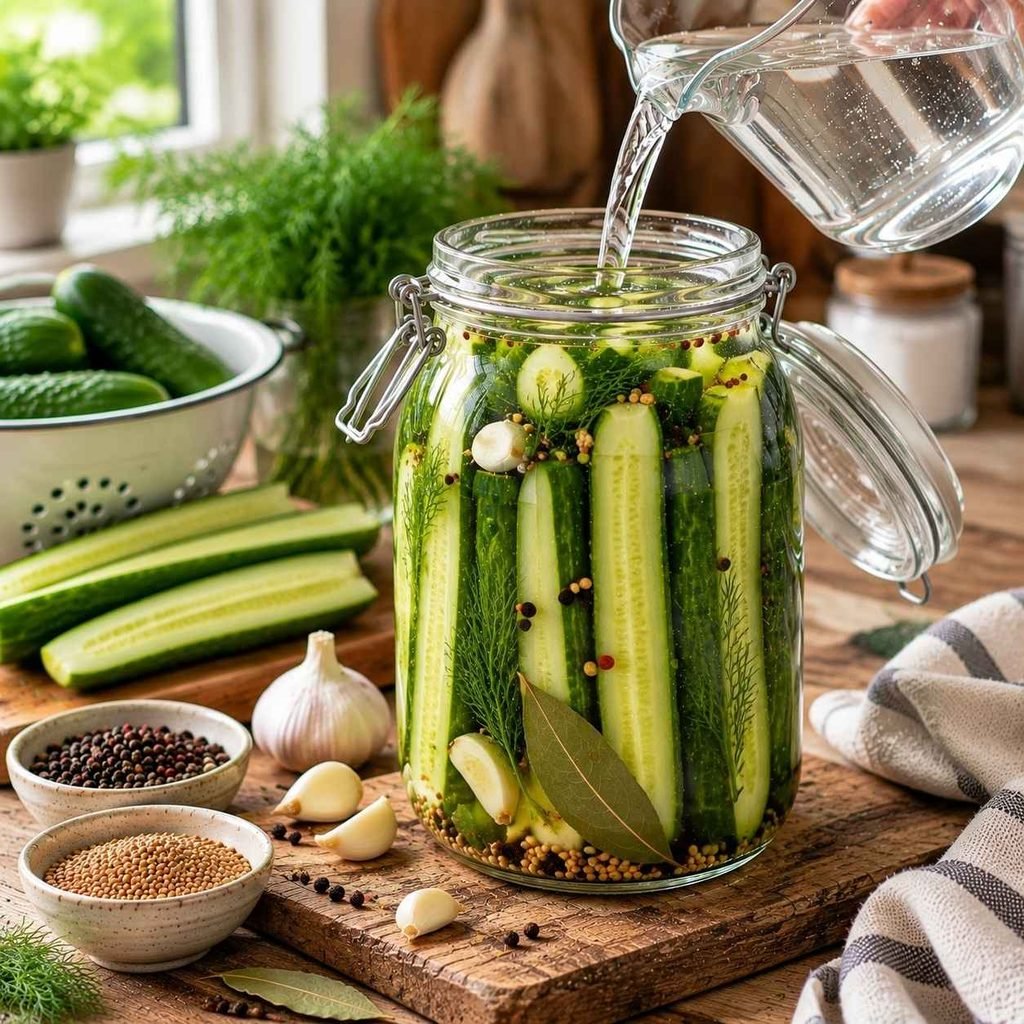 Pour the Brine Pour your cold salt-and-vinegar brine over the cucumbers until they are completely submerged.