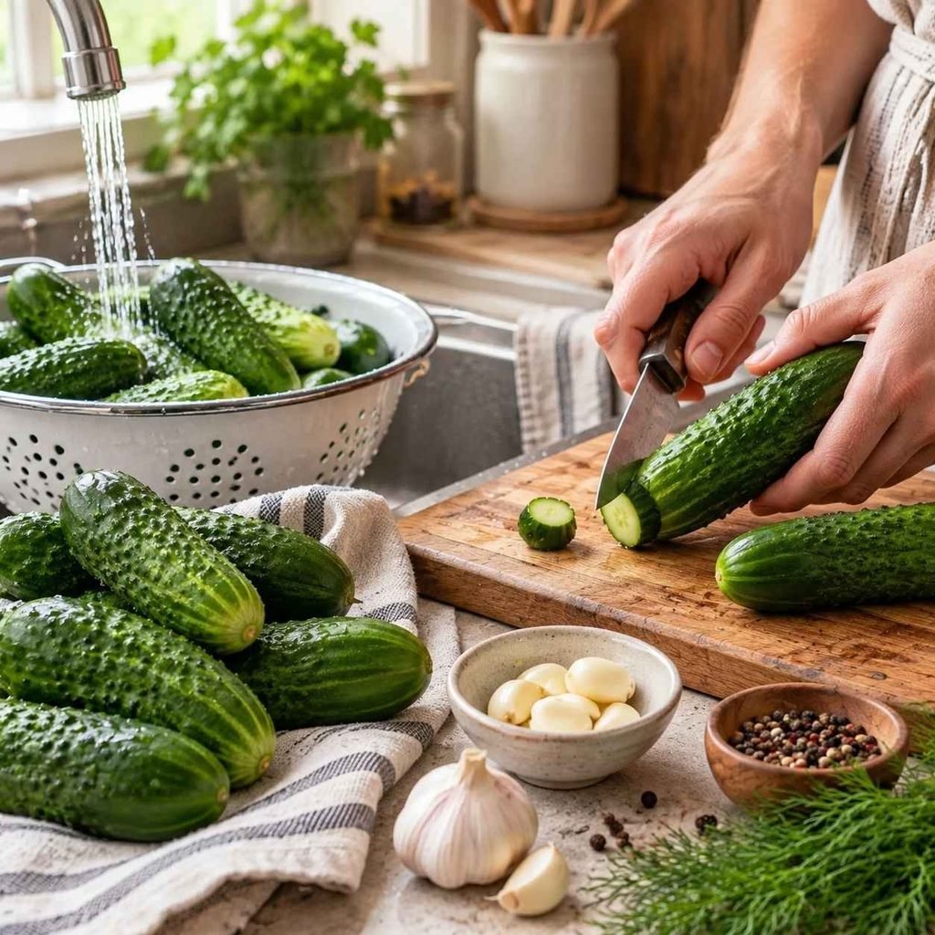 Prep the Cucumbers Wash the cucumbers thoroughly under cold water.