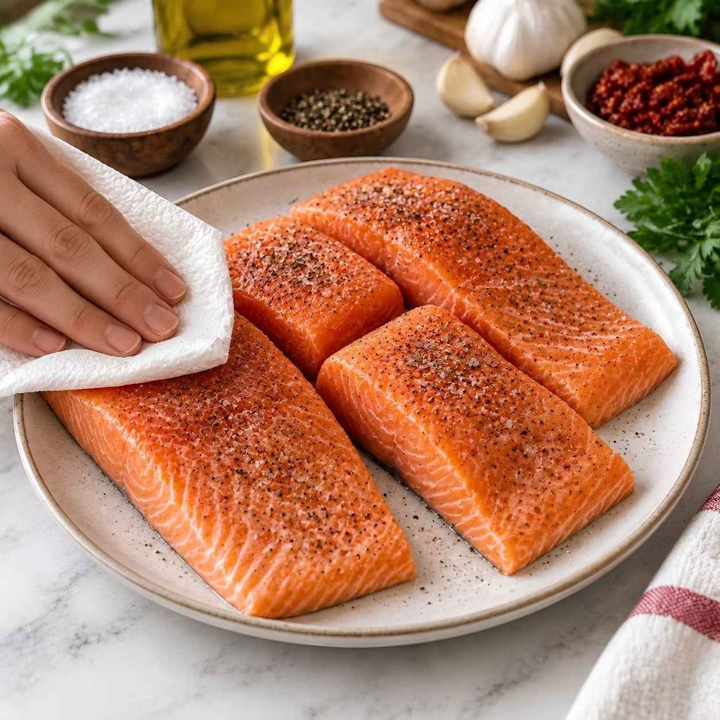 Prep the Salmon Pat the salmon fillets completely dry with a paper towel. This is crucial for achieving a good crust