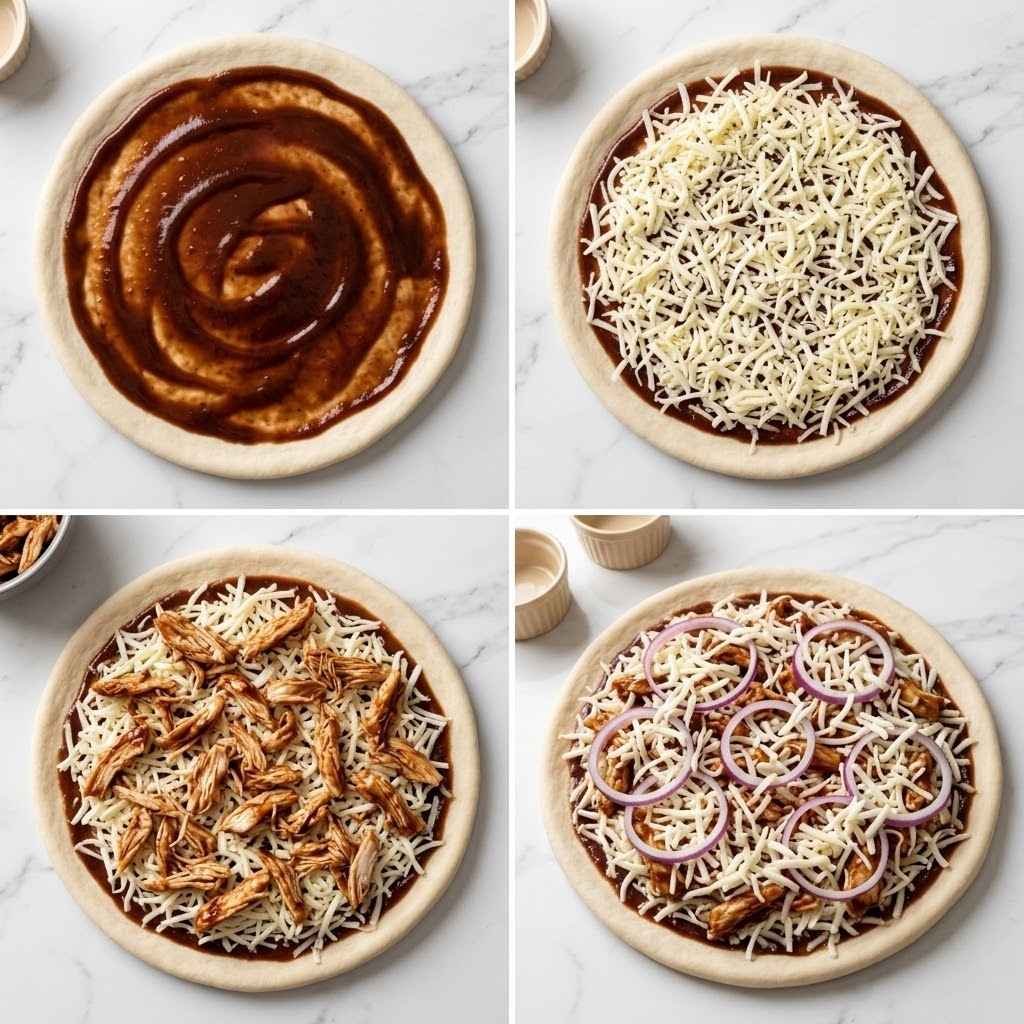 Place the pizza crust on your baking surface. Spread the remaining BBQ sauce evenly across the crust, leaving about a ½-inch border around the edges.